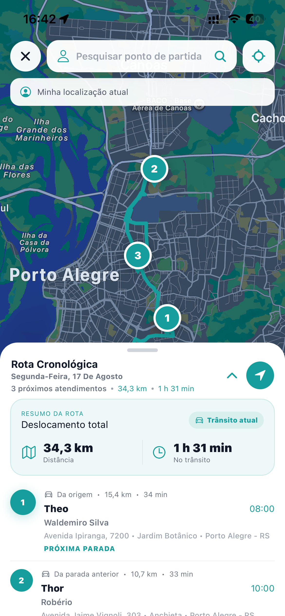 Planejamento da rota diária no aplicativo SelfVet