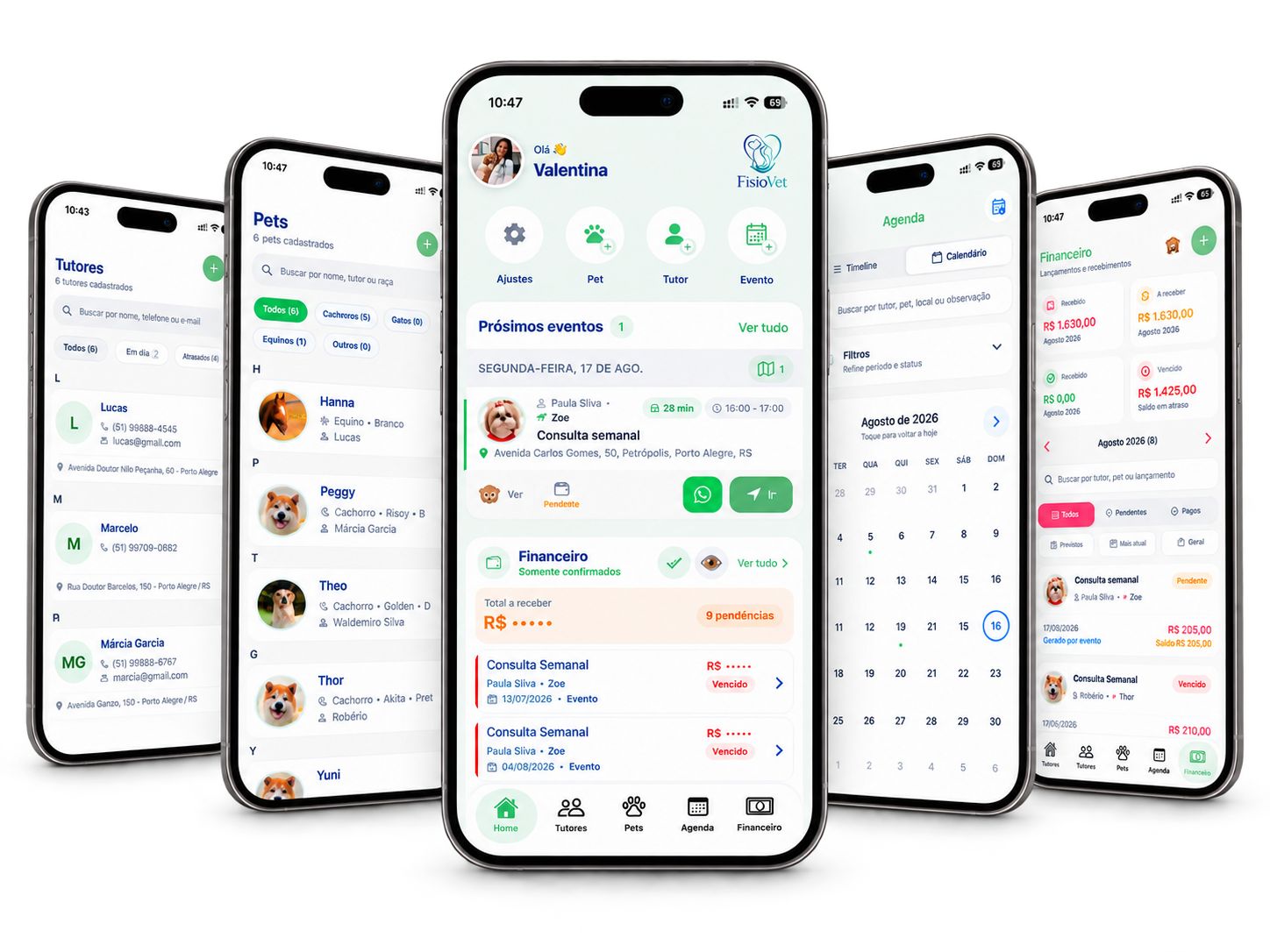 Telas do SelfVet mostrando tutores, pets, agenda, financeiro e a tela inicial