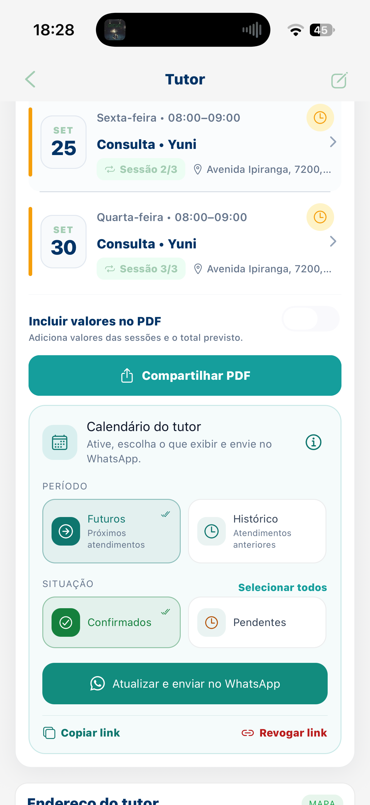Calendário privado do tutor no SelfVet