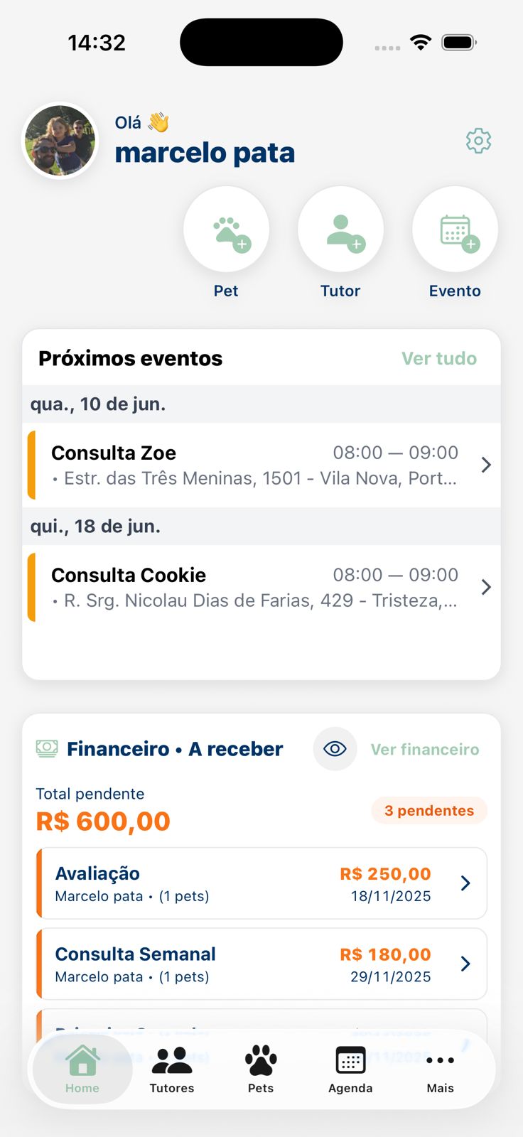 Tela inicial do FisioVet no iPhone